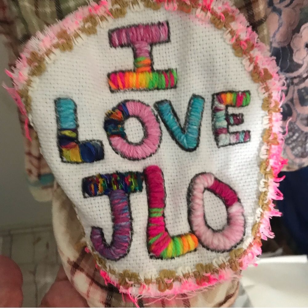 JENNIFER LOPEZ by ANNA DRAY cropped flannel.Upcycled fancy lace the only 1 made!